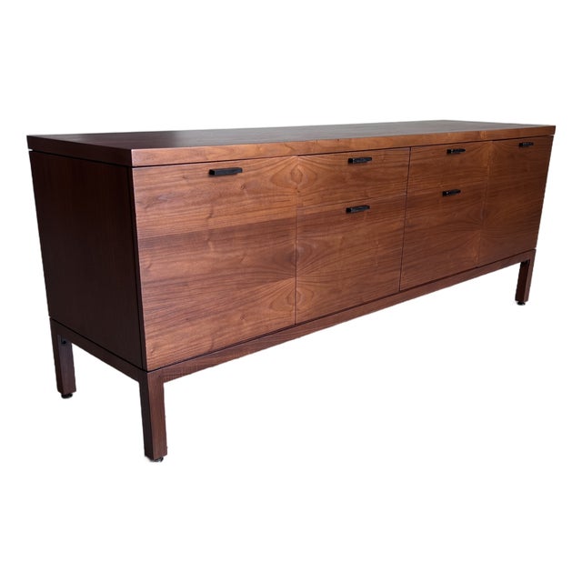 Mid Century Modern Walnut Credenza With Black Accent Pulls For Sale