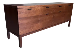 Mid Century Modern Walnut Credenza With Black Accent Pulls