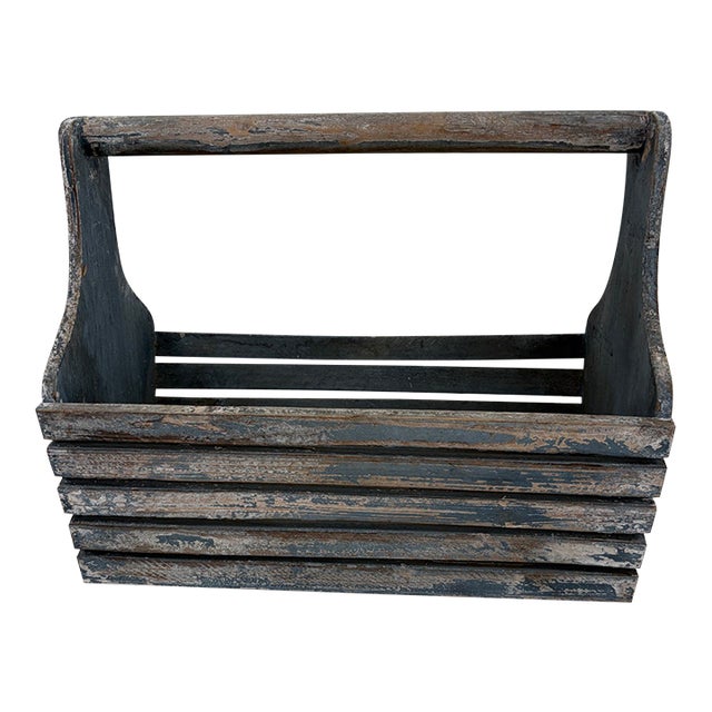 Vintage Rustic Wooden Slatted Tool Caddy With Handle – Distressed Blue Gray For Sale