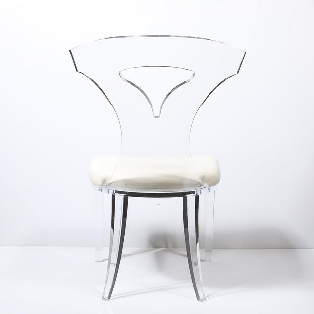 Mid-Century Modernist Klismos Lucite Chair W/ White Leather Upholstery For Sale - Image 4 of 11