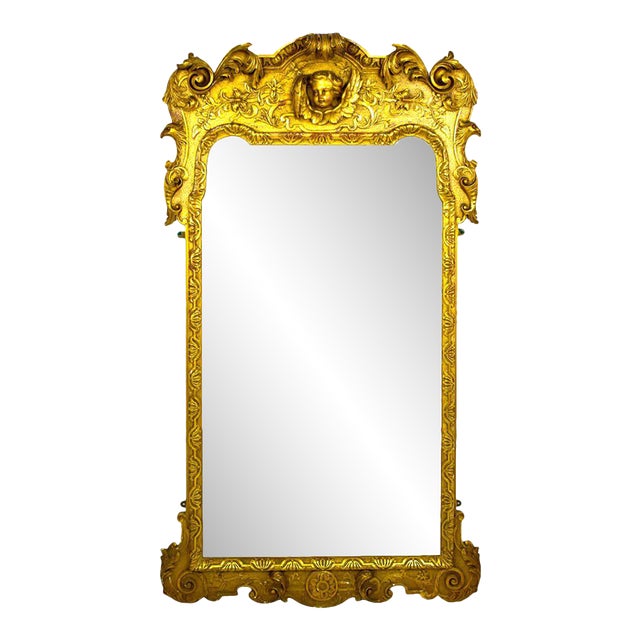 French Carved and Gilded Wood Wall Mirror with Cherub & Acanthus Design For Sale