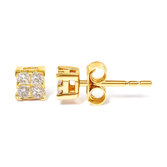 Contemporary 14K Yellow Gold 1/4 Cttw Invisible Set Princess-Cut Diamond Square Stud Earring (J-K Color, I1-I2 Clarity) For Sale - Image 3 of 6
