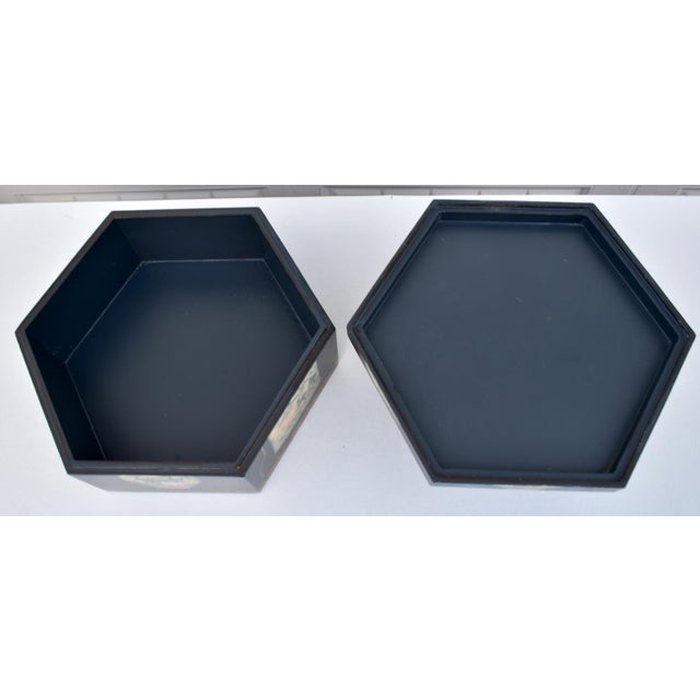 Vtg. Hexagonal Shaped Box With Asian Style Vessels For Sale - Image 15 of 15