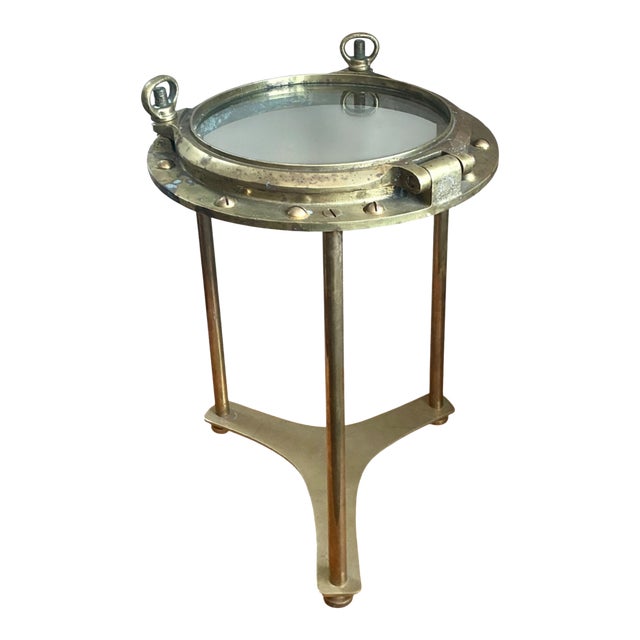 Vintage Maritime Brass Porthole Accent Table For Sale