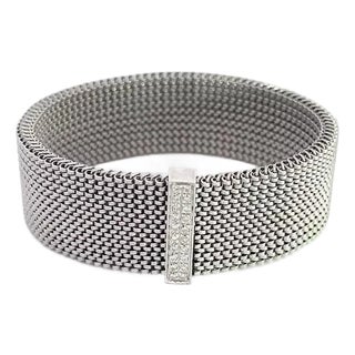 Diamond 18k Gold Bracelet Bar Motif Wide Mesh Stretch Design For Sale