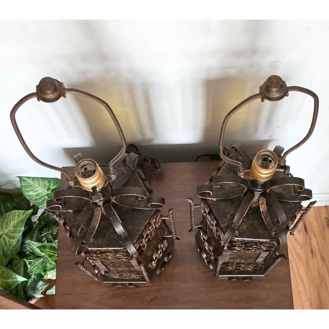 Pair Vintage Mid-Century Spanish Revival Table Lamps Wrought Iron Glass Panels, C. 60s For Sale - Image 4 of 12