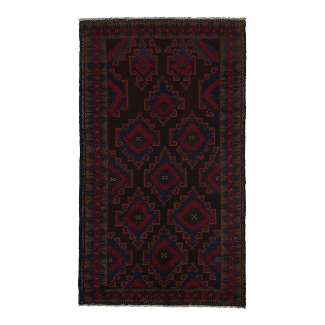Rug & Kilim’s Baluch Runner Rug With Black, Burgundy and Blue Geometric Patterns For Sale