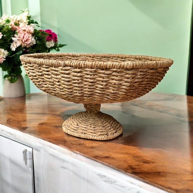 Large Sea Grass Rattan Pedestal Basket Woven Bowl For Sale - Image 4 of 12