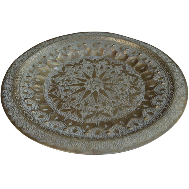 Antique Hand-Engraved Moroccan Brass Tray For Sale - Image 9 of 11