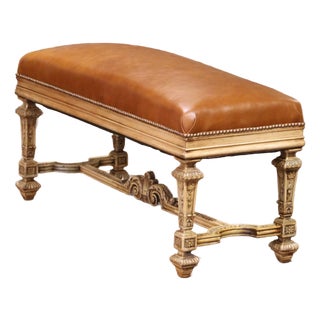 19th Century French Louis XIV Style Carved Bleached Oak Bench With Leather Seat For Sale