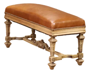 19th Century French Louis XIV Style Carved Bleached Oak Bench With Leather Seat