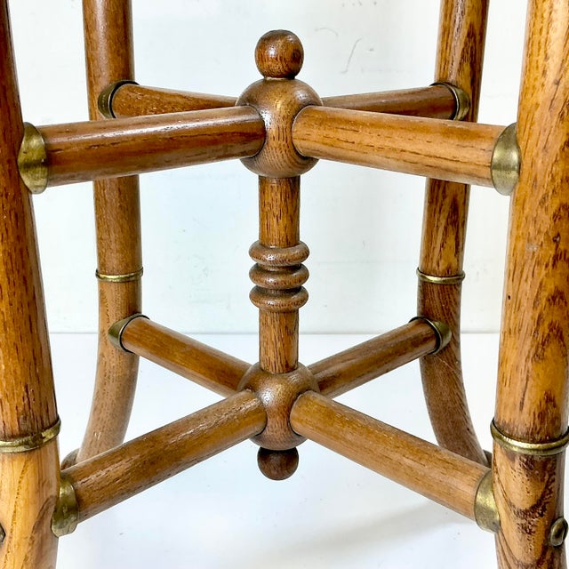 Chestnut 1950s Vintage Arts & Crafts Boho Chic Oak, Cane & Brass Stick & Ball Drinks Table For Sale - Image 8 of 13