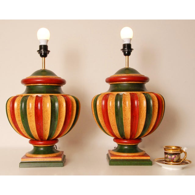 Mid-Century Modern Vintage Italian Table Lamps Tall Carved Wood Vase Lamps 1980s a Pair For Sale - Image 3 of 9