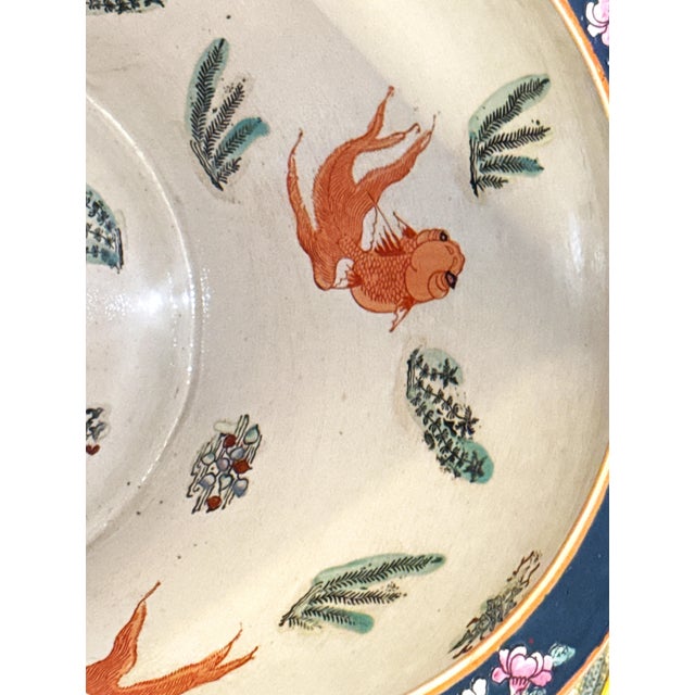 Ceramic Mid 20th Century Large Famille Rose Teal Fish Bowl Planter For Sale - Image 7 of 8