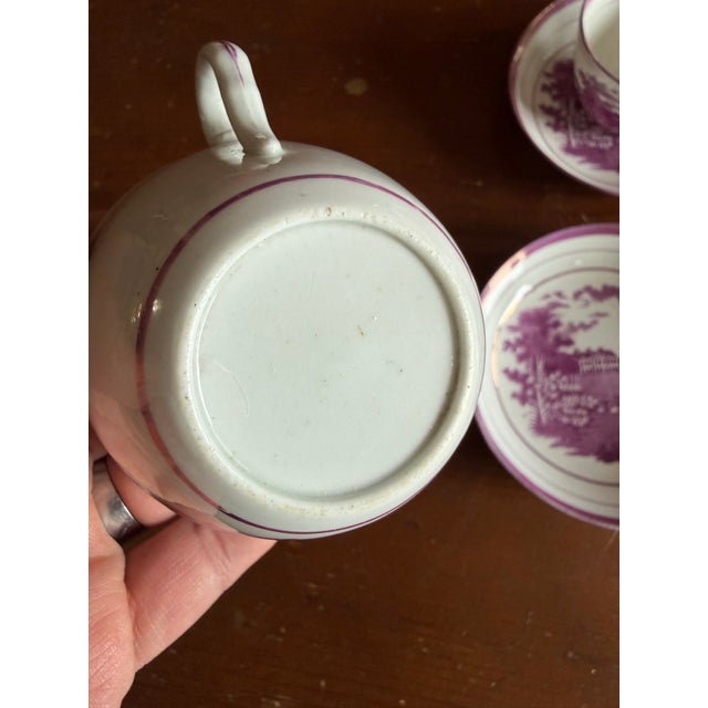 Pink 1805 Rare Antique Set of Four Pink Lustre and Bat Printed Pearlware Handled Cups and Saucers, Attributed to Thomas Wolfe - Set of 8 For Sale - Image 8 of 17