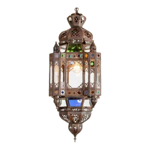 Vintage Moroccan Traditional Moorish Metal and Glass Lantern Ceiling Light