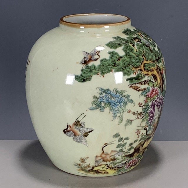 Ceramic Vintage Chinese Celadon Famille Rose "Crane & Pine" Jar With Marchant London Label For Sale - Image 7 of 9