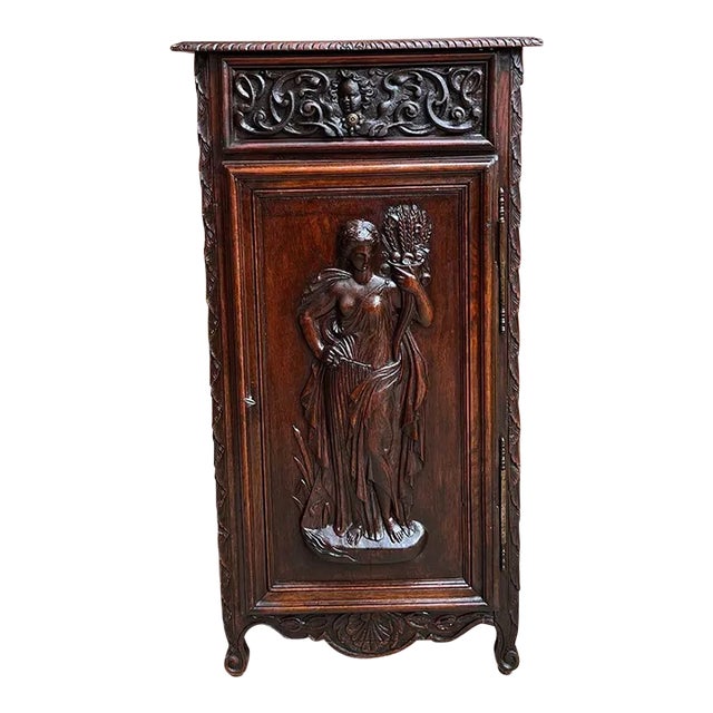 Antique French Cabinet Carved Oak Demeter Harvest Cornucopia Greek Goddess For Sale