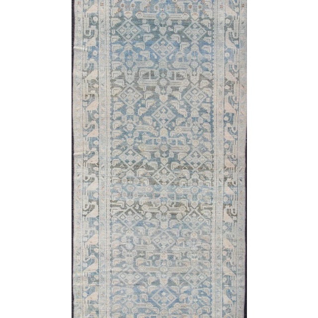 Long Antique Persian Malayer Runner With All Over Herati Design in Soft Blue For Sale - Image 4 of 13