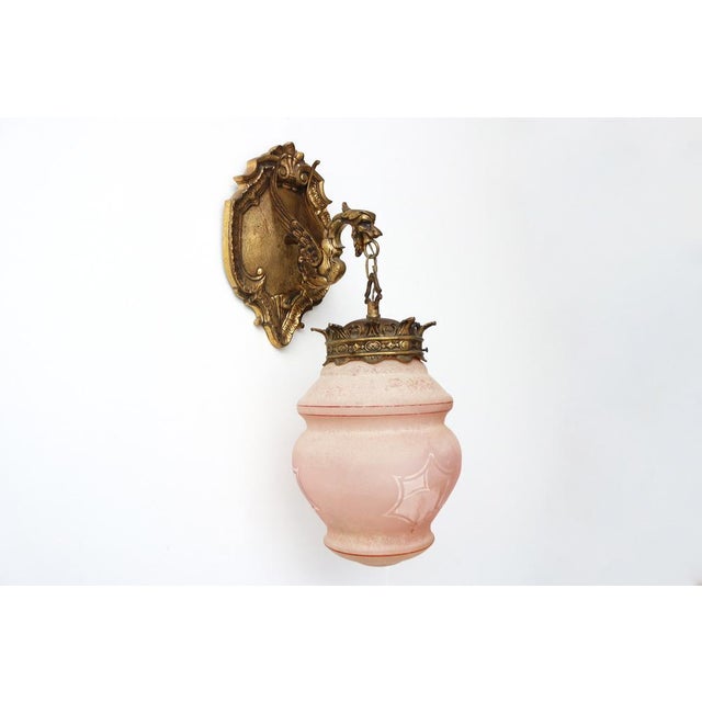 Antique Gothic Revival Bronze Dragon or Griffin Wall Sconce with Pink Glass Shade, Early 20th Century For Sale - Image 16 of 16