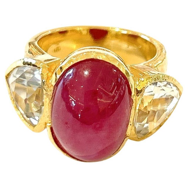 Bochic "Orient" Ruby & White Topaz Vintage 3 Gem Ring Set 18K & Silver For Sale - Image 15 of 18