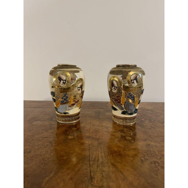 Lovely pair of antique Japanese satsuma vases, having a quality pair of antique Japanese satsuma vases decorated in...