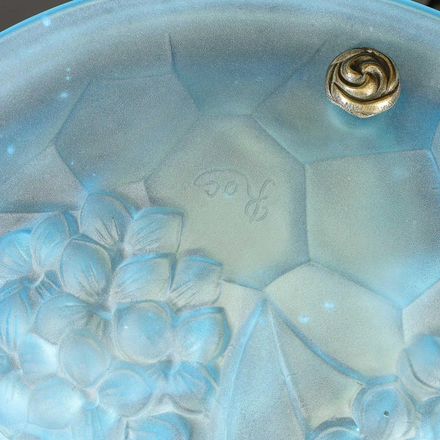 Art Deco Frosted Blue Glass Chandelier W/ Brass Fittings Signed Roc by Degué For Sale - Image 12 of 12