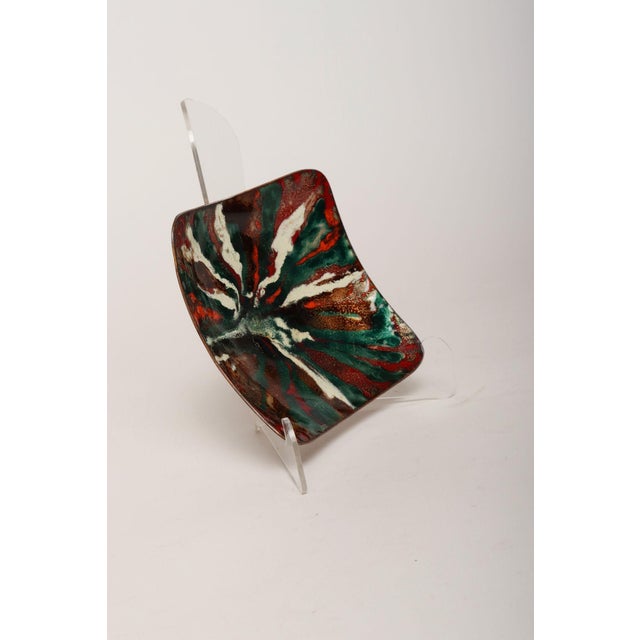 Mid Century Modern Enamel on Copper Green and Red Square Decorative Dish For Sale - Image 4 of 11