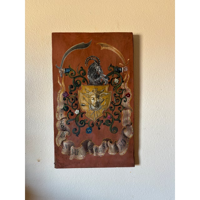 Wood Hand Painted Oil on Wood Memento Mori Coat of Arms Heraldry Wall Plaque For Sale - Image 7 of 12