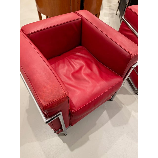 Animal Skin Pair Of. Chrome and Red Leather Club Chair in the Style of Le Corbusier For Sale - Image 7 of 13