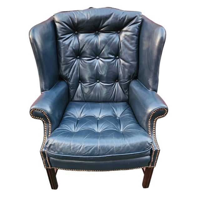 Vintage Blue Tufted Leather Wing Chair and Ottoman by Classic Leather For Sale - Image 4 of 10