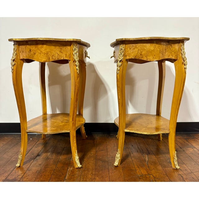 Wood French Louis XV Style Burled Wood Side Tables, Nightstands or Gueridons - A Pair For Sale - Image 7 of 13