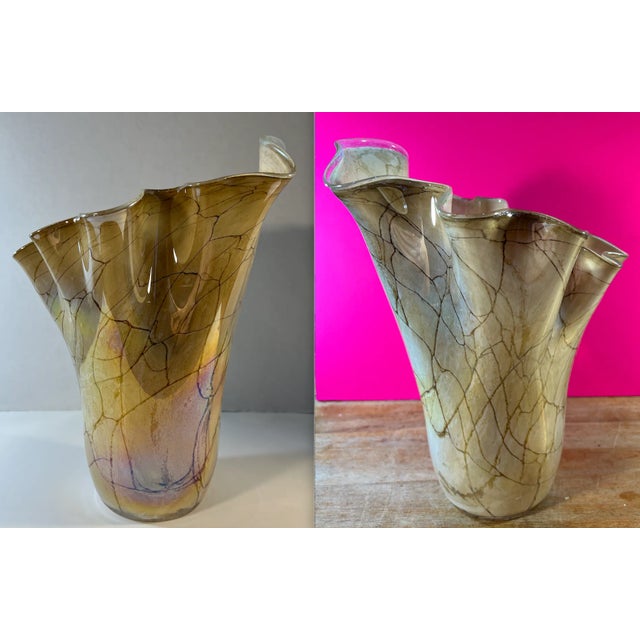 Art Glass Iridescent Tan Net Like Pattern Vase For Sale - Image 9 of 12