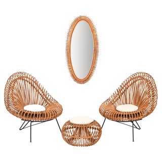 Rattan Chairs, Pouf and Mirror attributed to Janine Abraham & Dirk Jan Rol, 1960s, Set of 4 For Sale