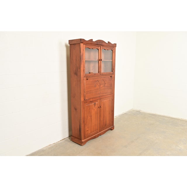 English Country Farmhouse Studio Crafted Carved Walnut Drop Front Secretary Desk With Bookcase For Sale - Image 4 of 14