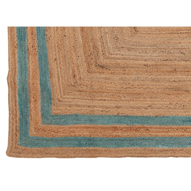 Boho Chic Turquoise Blue Double Border Rectangle Jute Handmade Rug 3'x5' Ft. For Sale - Image 3 of 13