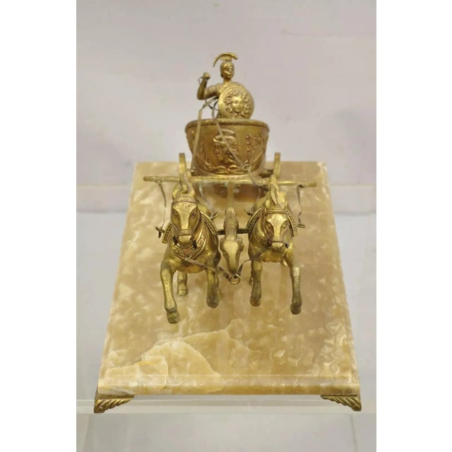 Stone Mid 20th Century Vintage Gold Gilt Metal Roman Horse Drawn Chariot Sculpture on Marble Base For Sale - Image 7 of 12