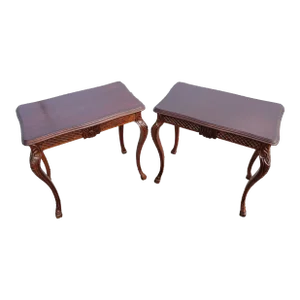 Mid 20th Century Pair of French Country American Made Mahogany Carved Side End Tables