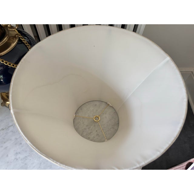 Ink Blue 1950s Brass and Indigo Blue Porcelain Lamp With Shade For Sale - Image 8 of 10