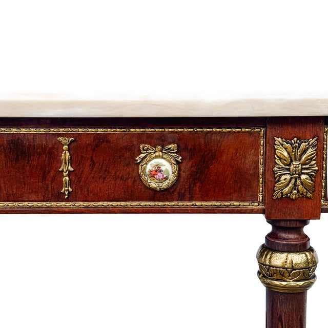 Vintage Louis XVI Revival Marble-Top Mahogany Console Table With Ormolu Mounts & Porcelain Medallions For Sale - Image 11 of 16