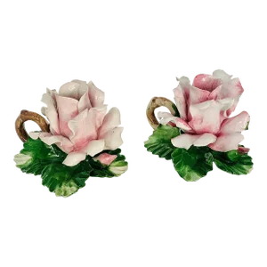 Vintage Italian Capodimonte Ceramic Rose Candlesticks- a Pair
