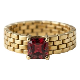 Watch Band Shaped Ring With Garnet for Men, Silver, Gold, Size 10 For Sale