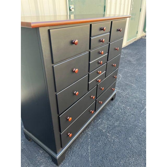 1990s Stanley Furniture 13-Drawer Black and Cherry Tall Chest of Drawers With Dressing Mirror For Sale - Image 12 of 12