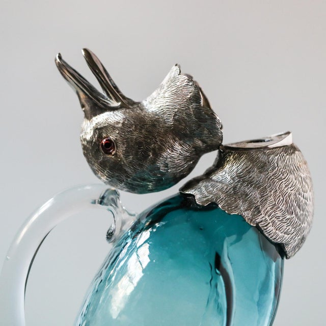 19th Century French Zoomorphic Duck Ewer in Blue Handblown Glass and Mixed Metal For Sale - Image 10 of 17