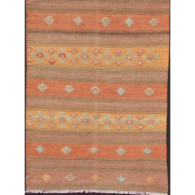 Contemporary Vintage Hand Woven Turkish Kilim Colorful Stripe Runner With Tribal Motifs For Sale - Image 3 of 12