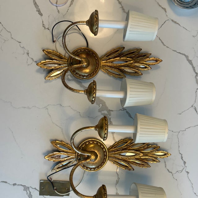 Wood Vintage Mid-Century Italian Giltwood & Mirror Wheat Sheaf Two-Light Wall Sconces - a Pair For Sale - Image 7 of 12