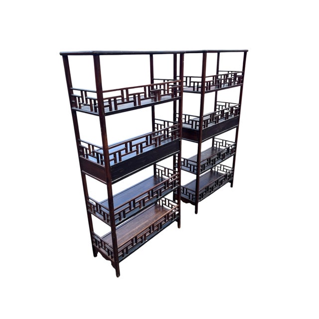 Wood 1990s Chinese Chippendale Rosewood Étagères With Fretwork a Pair For Sale - Image 7 of 17