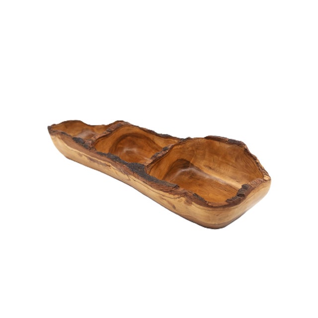 Hand-Carved Peruvian Olive Wood 3-Section Serving Bowl With Live Edge 18.75"l For Sale - Image 9 of 15