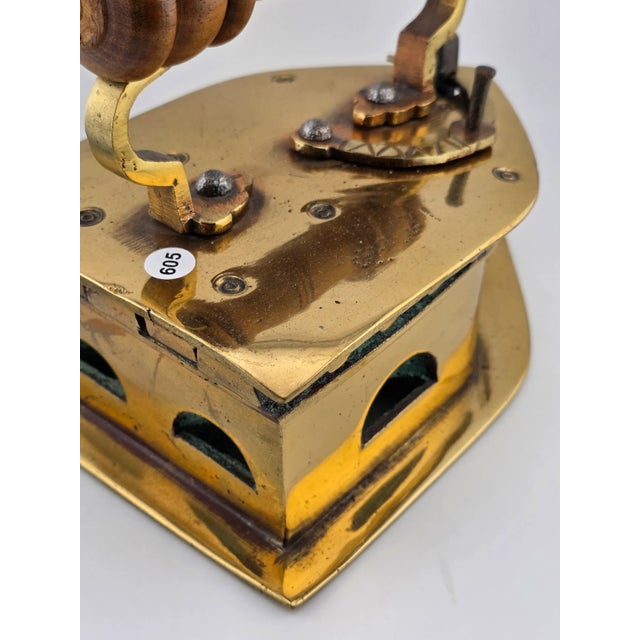 Metal Antique C1850 Middle East Handmade Brass Charcoal Big Press Iron W Wooden Handle For Sale - Image 7 of 15