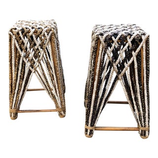 Vintage Wood and Rope Counter Stools - Pair For Sale